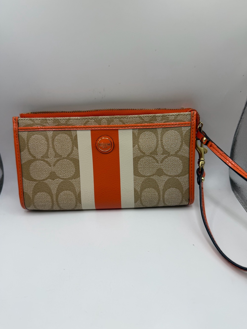 Coach Beige Signature Canvas Wristlet with Orange and Cream Stripes